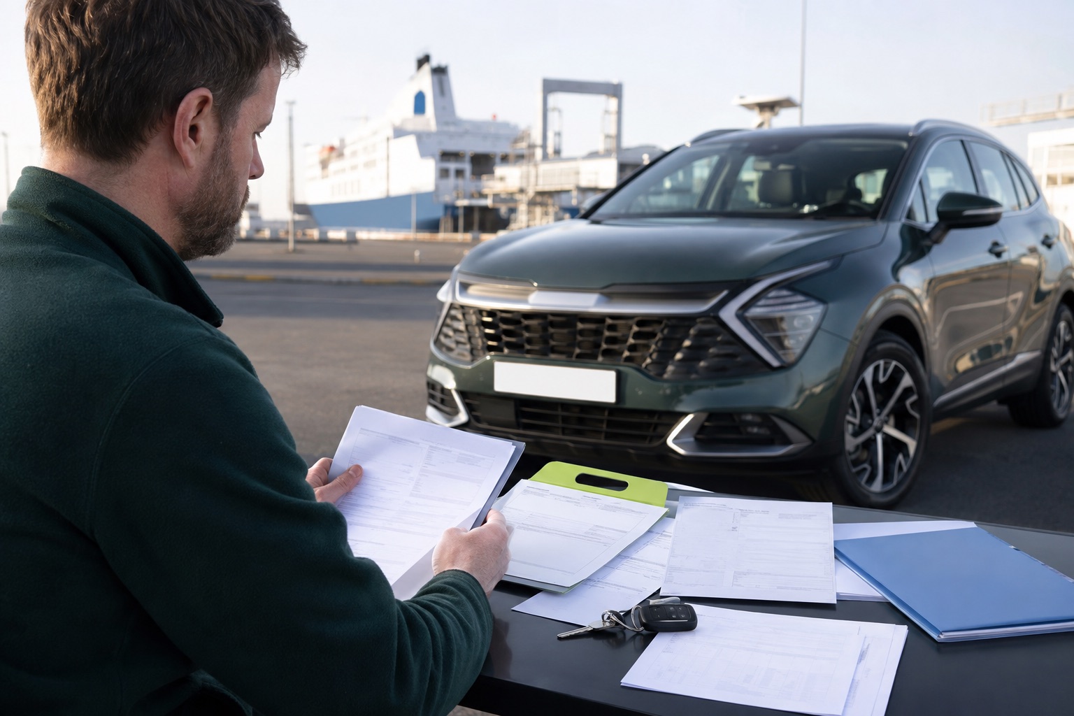 A buyer reviewing vehicle registration documents near a UK port