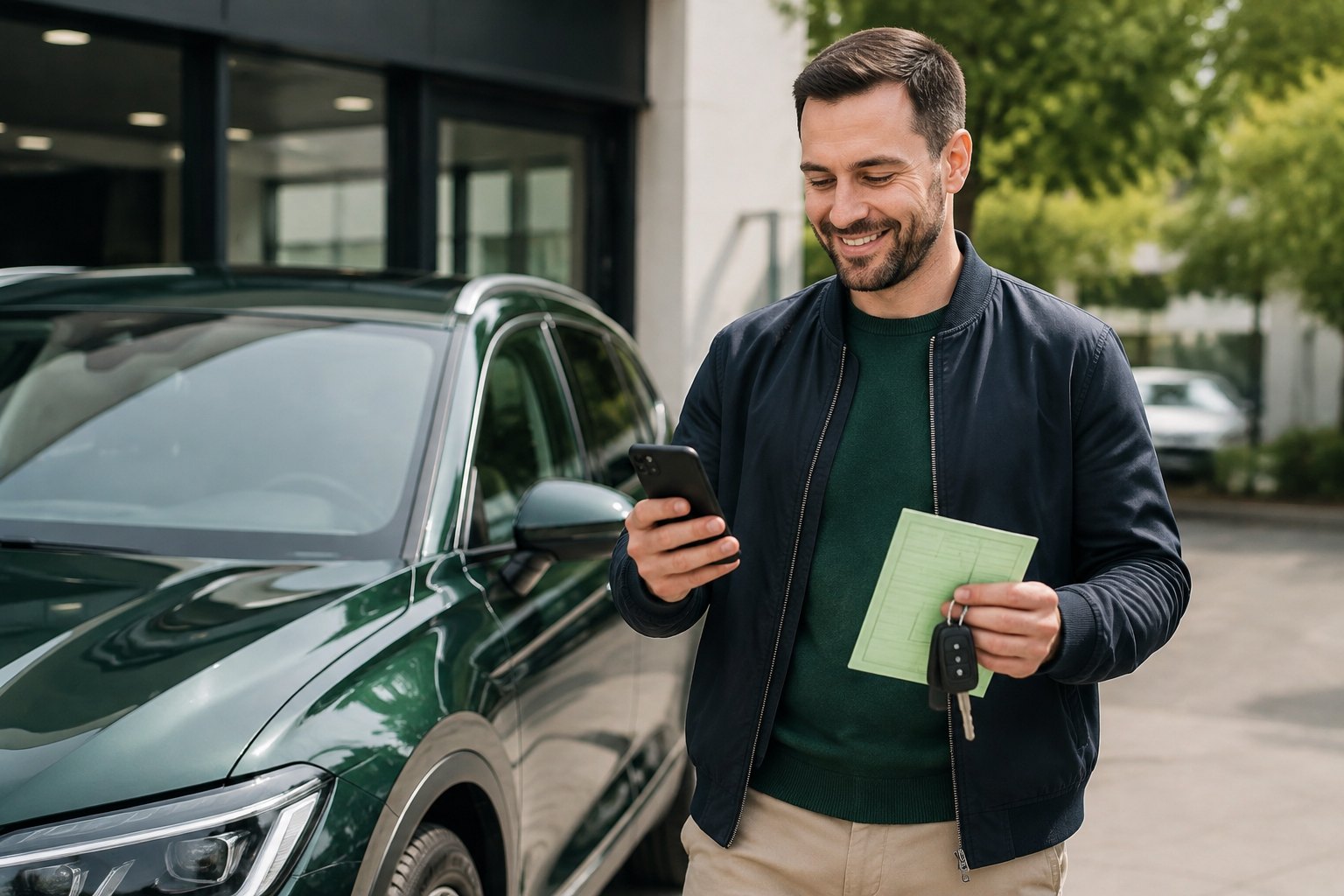 A buyer completing insurance, tax and keeper-change steps at a modern vehicle handover
