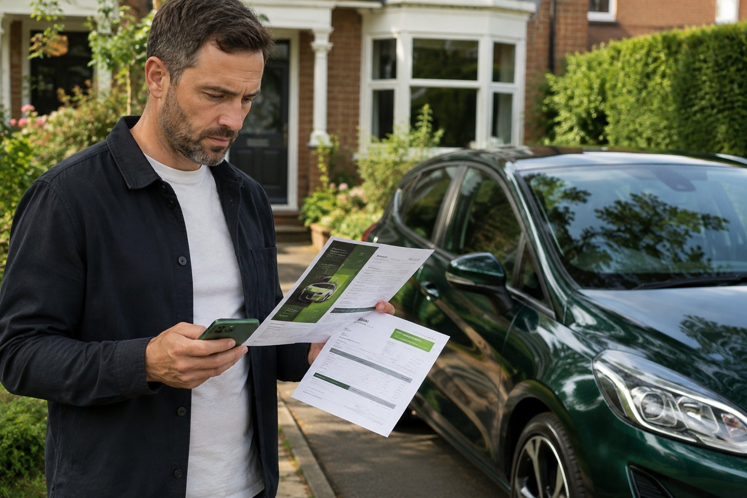 A buyer checking a private seller’s documents and written vehicle description beside a modern car