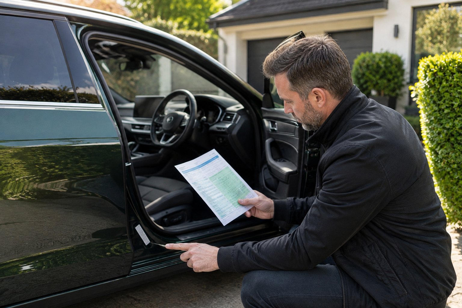 A buyer comparing a vehicle’s identity with an original V5C-style document before purchase