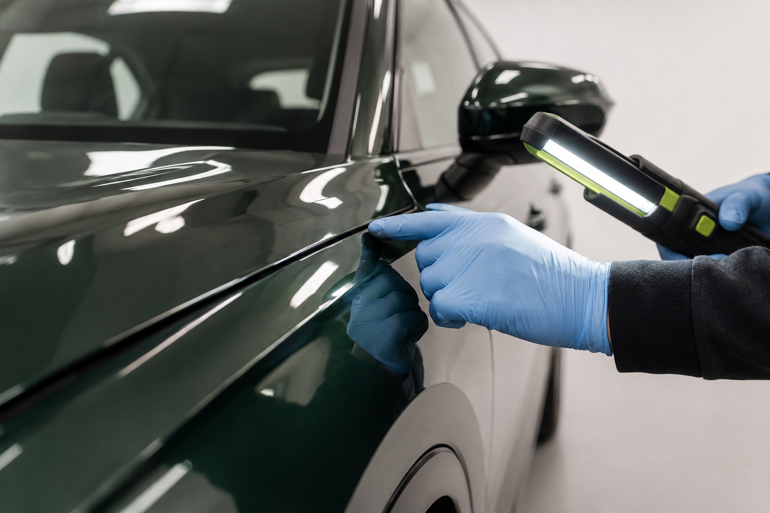An inspector checking a modern car’s panel gap and paint finish under an inspection light