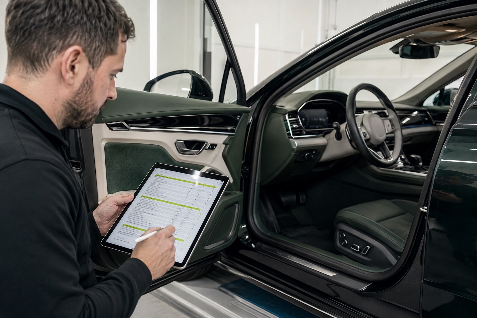 A specialist comparing factory build data with equipment fitted to a vehicle