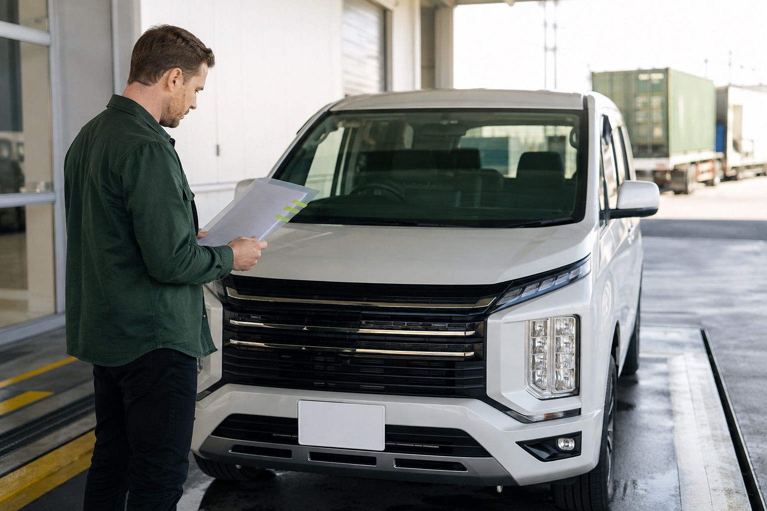 A buyer checking import paperwork against a modern vehicle