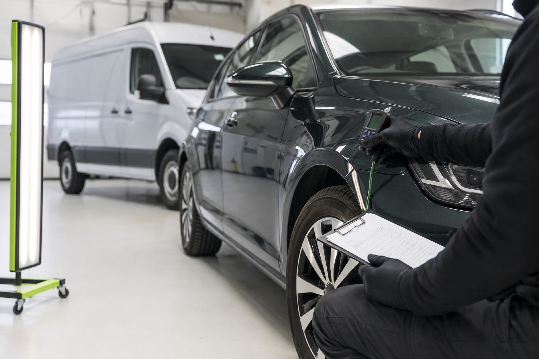 A professional inspector checking a modern car in a bright vehicle inspection bay