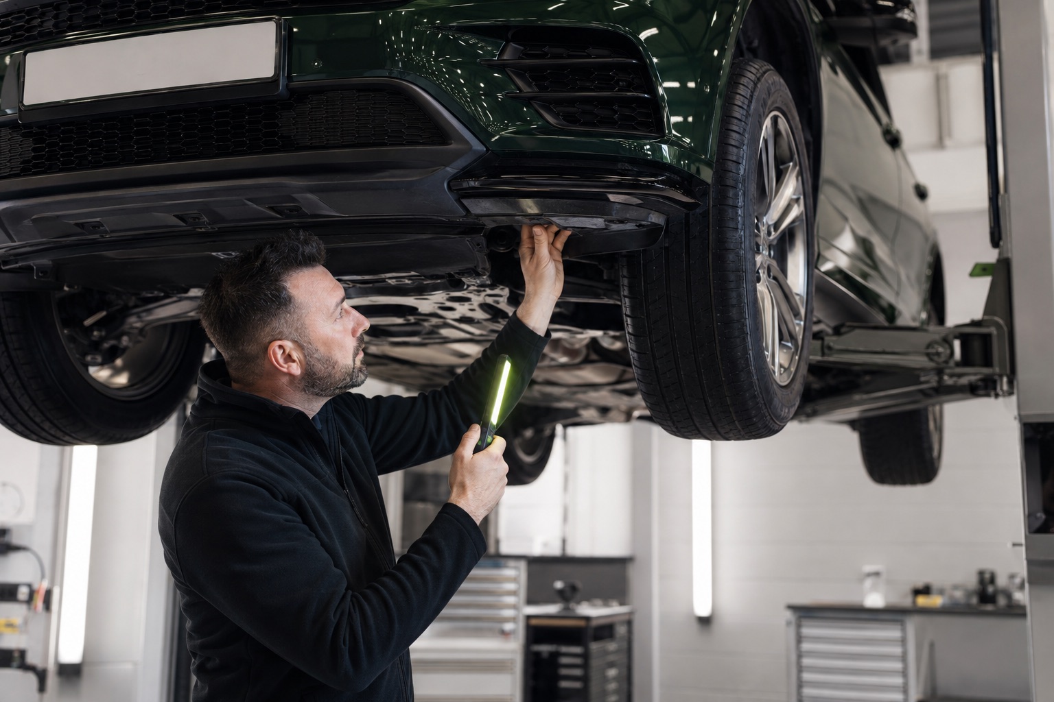A technician inspecting the underside and previous repairs of a modern car