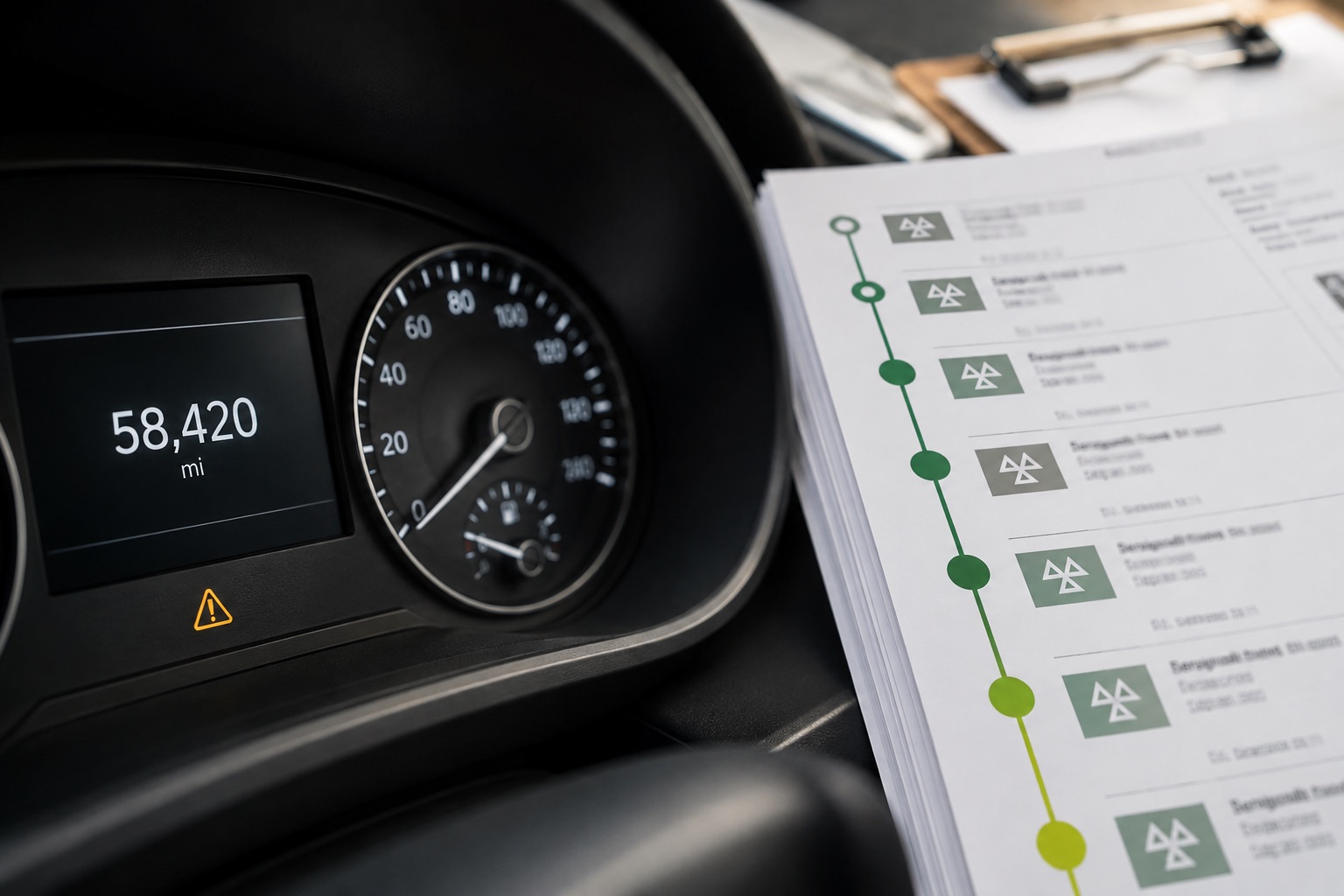 A vehicle odometer being compared with a chronological mileage record