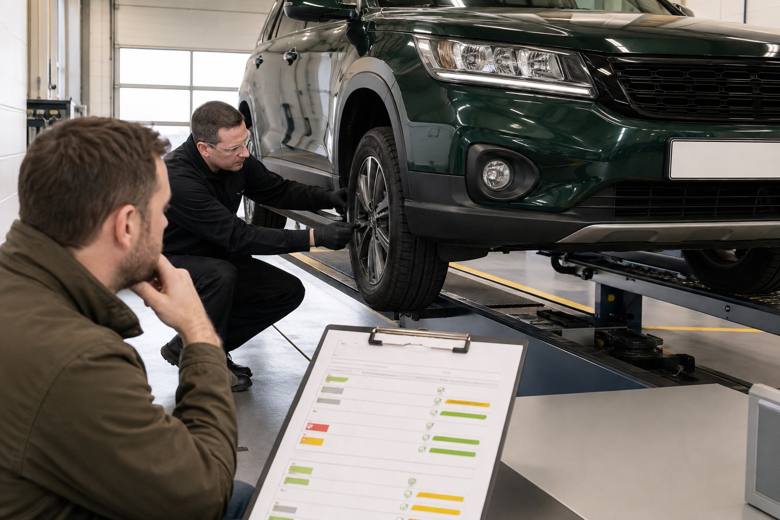 An MOT tester inspecting a modern vehicle while its test history is reviewed