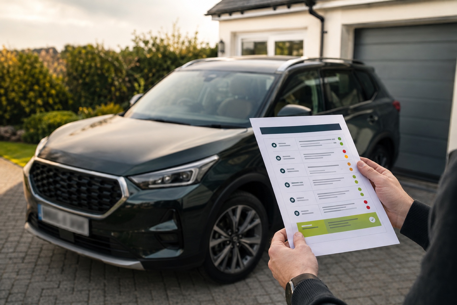 A buyer reviewing a colour-coded vehicle history report beside a modern UK vehicle