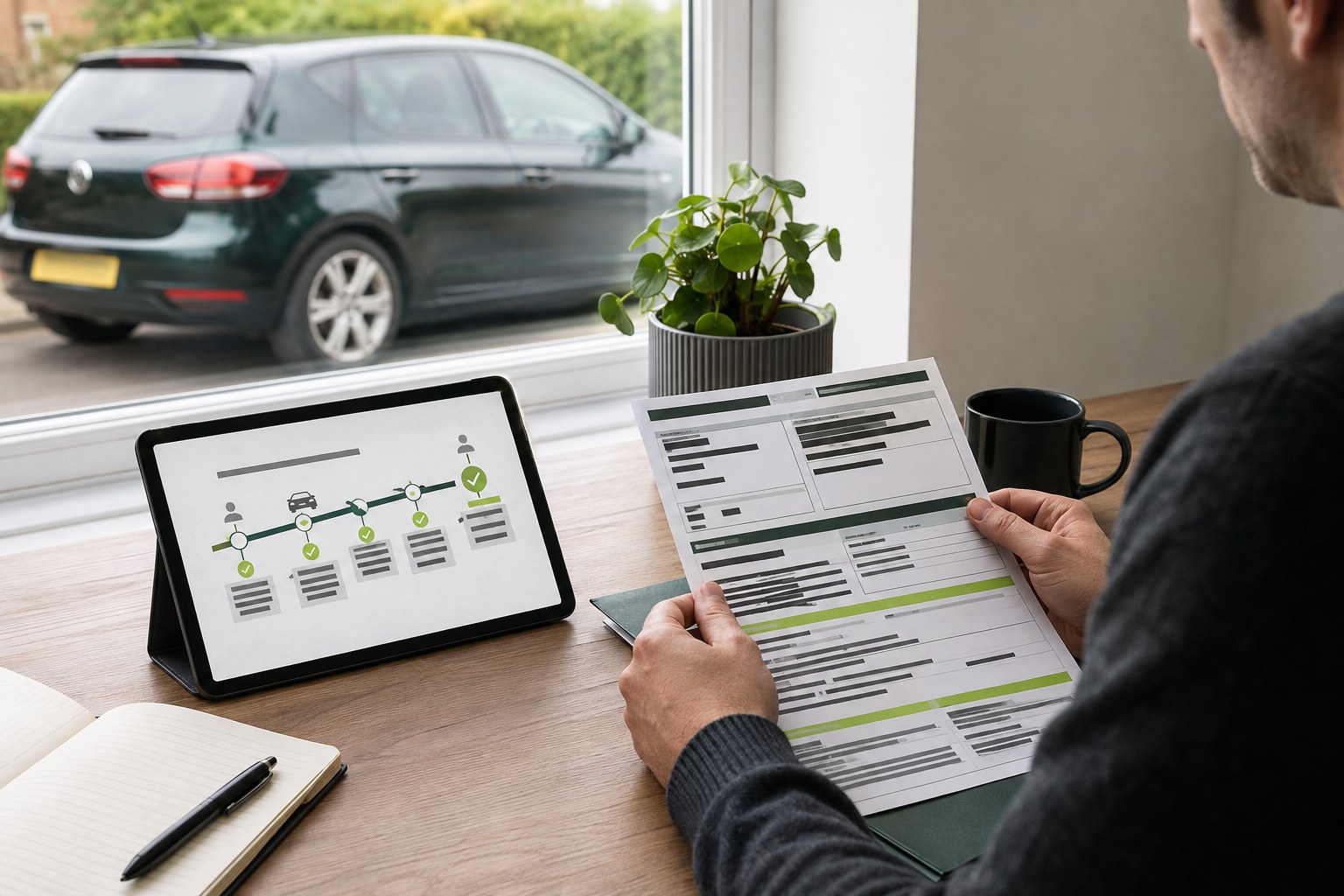 A buyer reviewing a privacy-safe vehicle keeper timeline and redacted documents