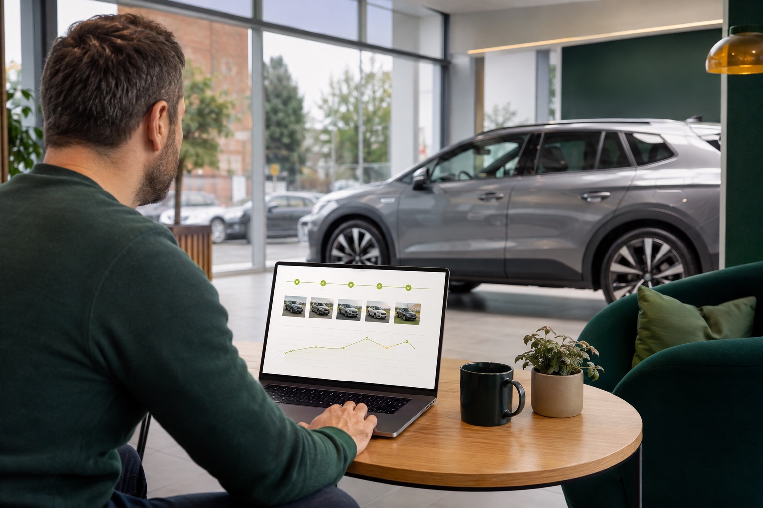 A buyer reviewing previous vehicle adverts and price history on a laptop