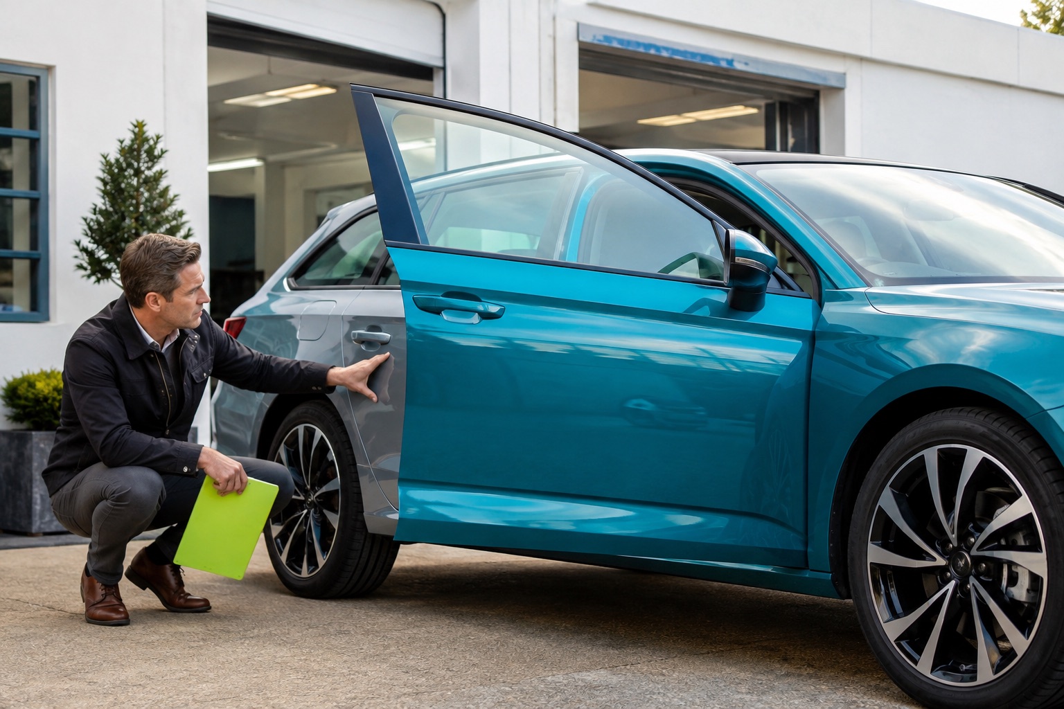 A buyer inspecting the finish and door shuts of a professionally recoloured car