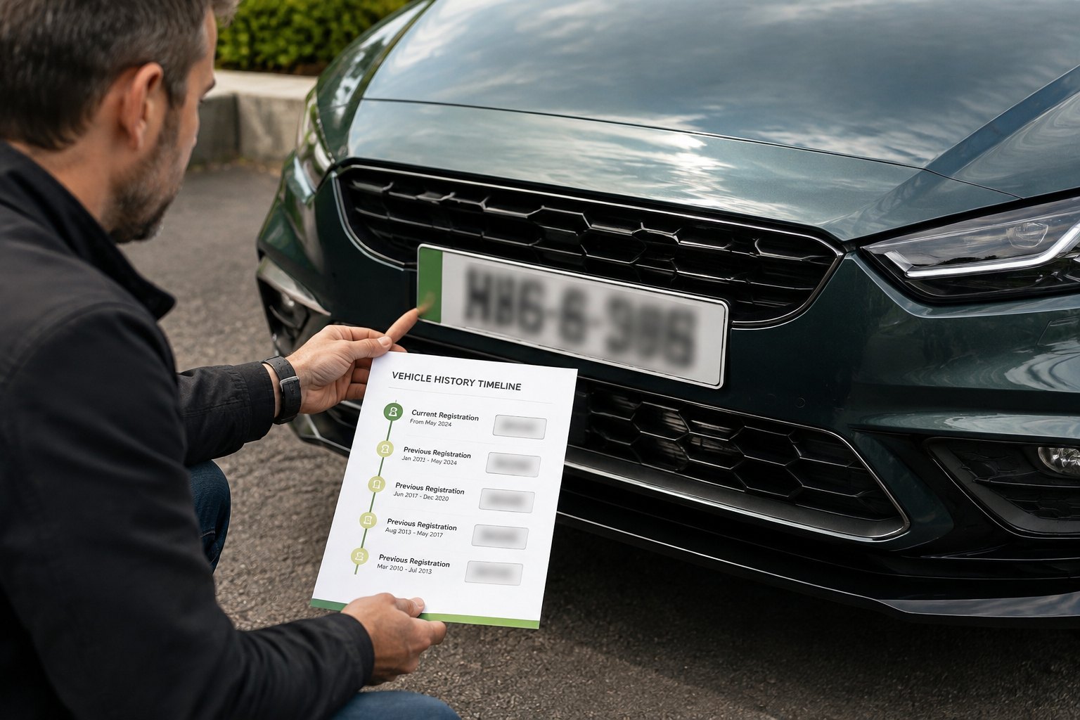 A buyer connecting a modern vehicle’s registration history using its VIN and dated records