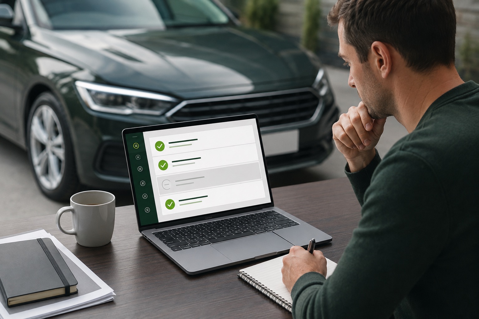 A buyer reviewing a vehicle report with one result clearly shown as unavailable