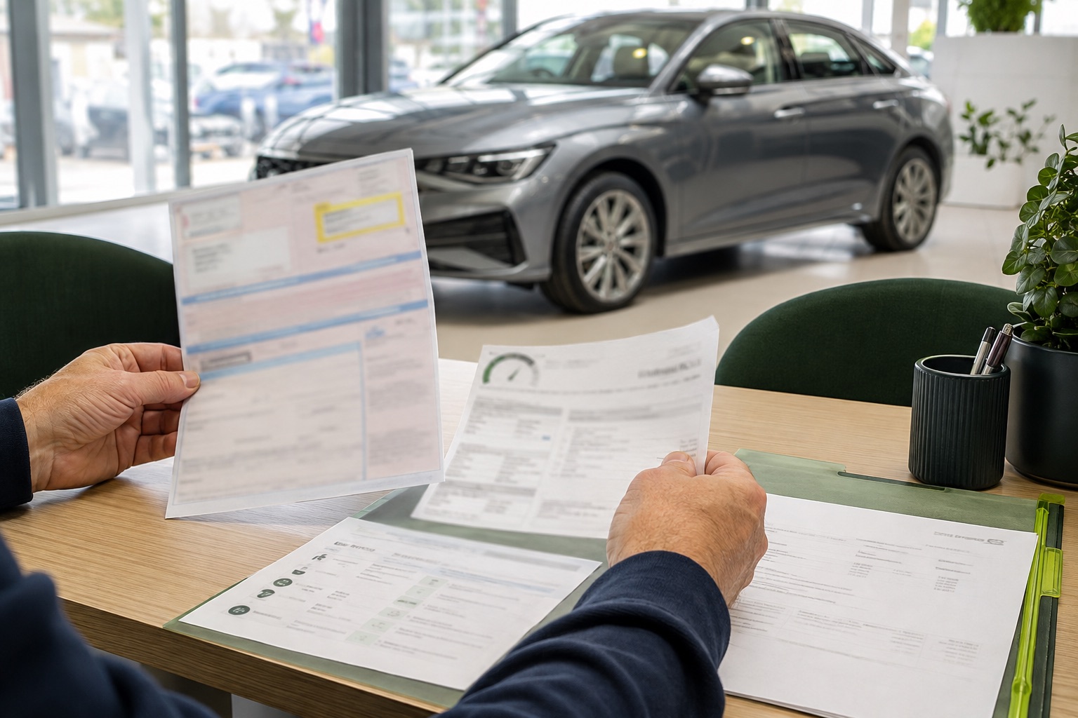 A buyer reviewing vehicle documents and service records beside a modern car