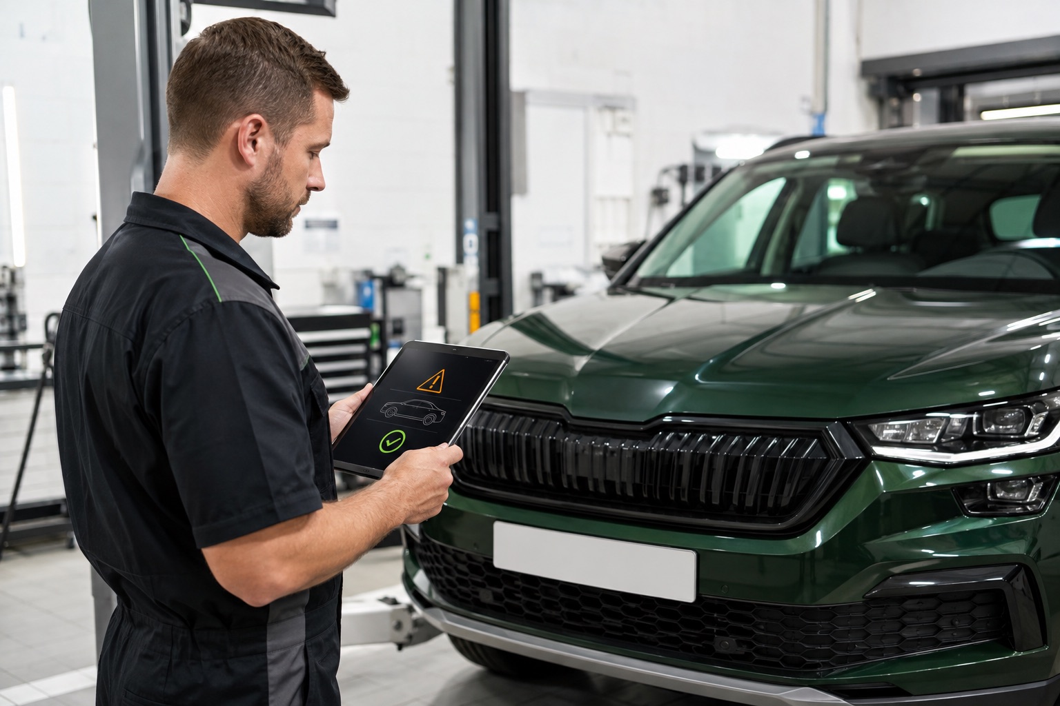 A technician checking a vehicle-specific safety recall in a modern workshop