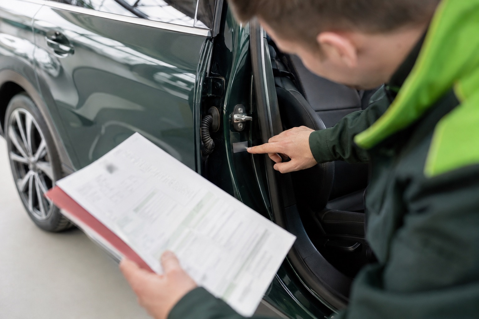 An inspector comparing vehicle identity markings with supporting paperwork
