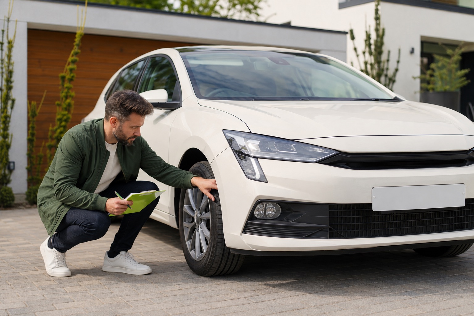 A buyer checking a modern car’s tyres in daylight with a practical checklist