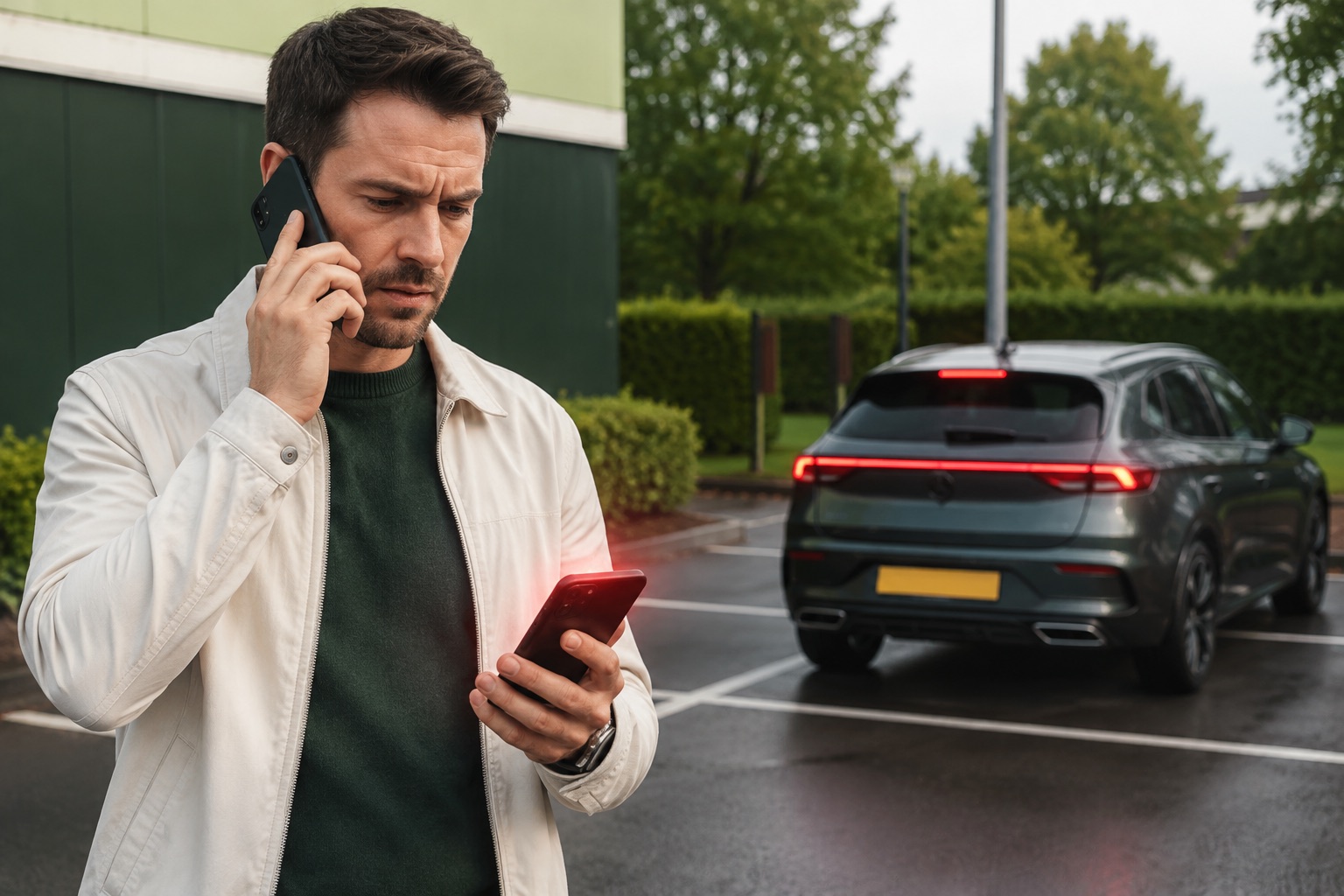 A concerned buyer making a safe phone call after reviewing a serious vehicle alert