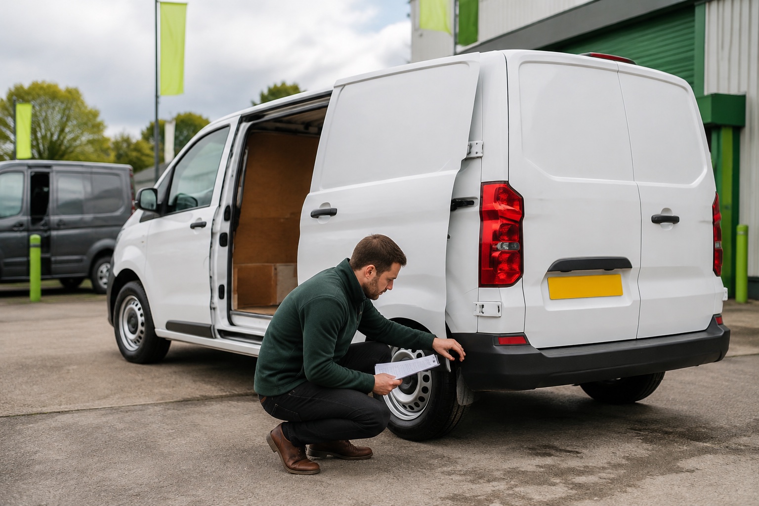 A buyer inspecting the tyres and load area of a modern UK panel van