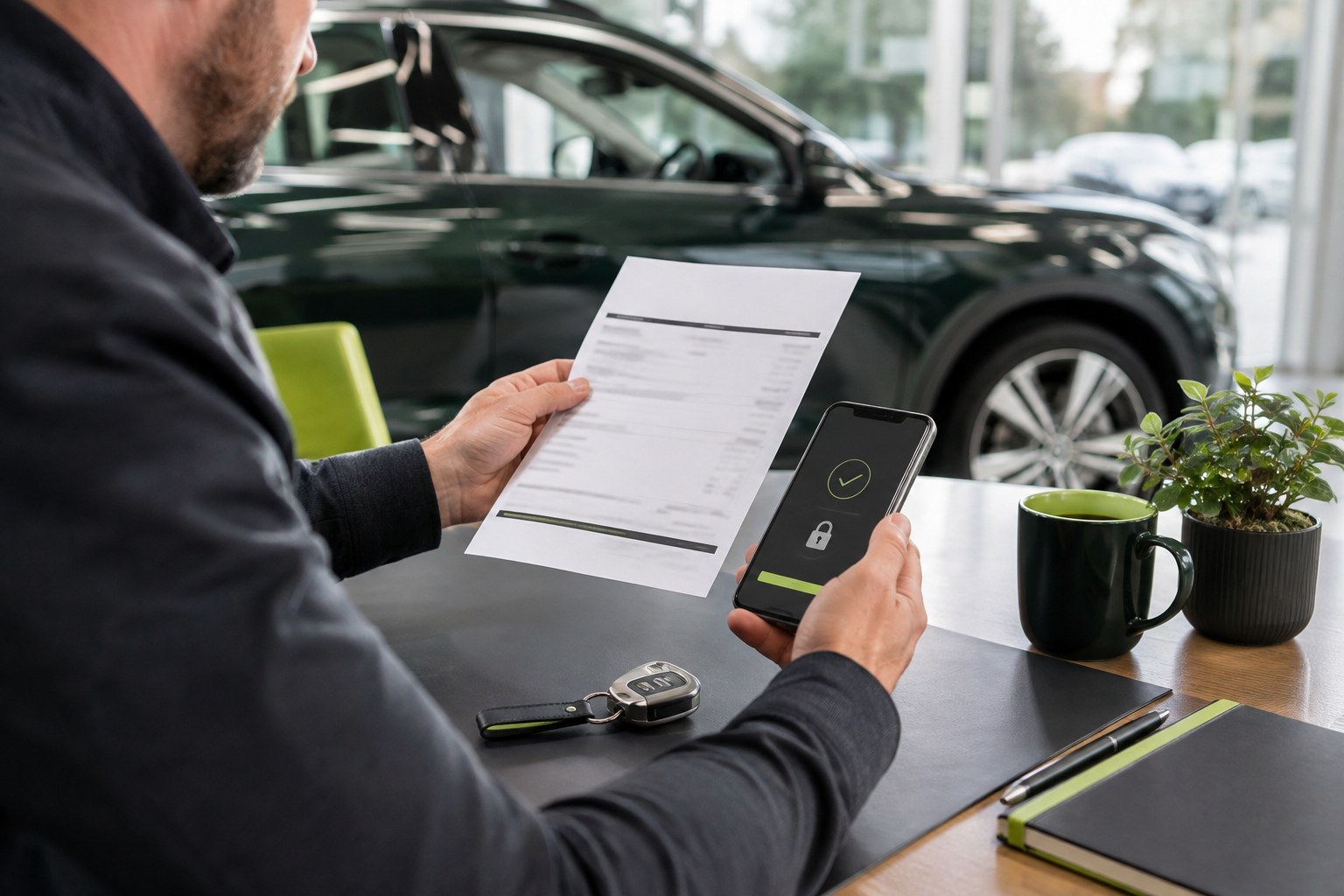 A buyer reviewing vehicle documents and a traceable payment before leaving a deposit