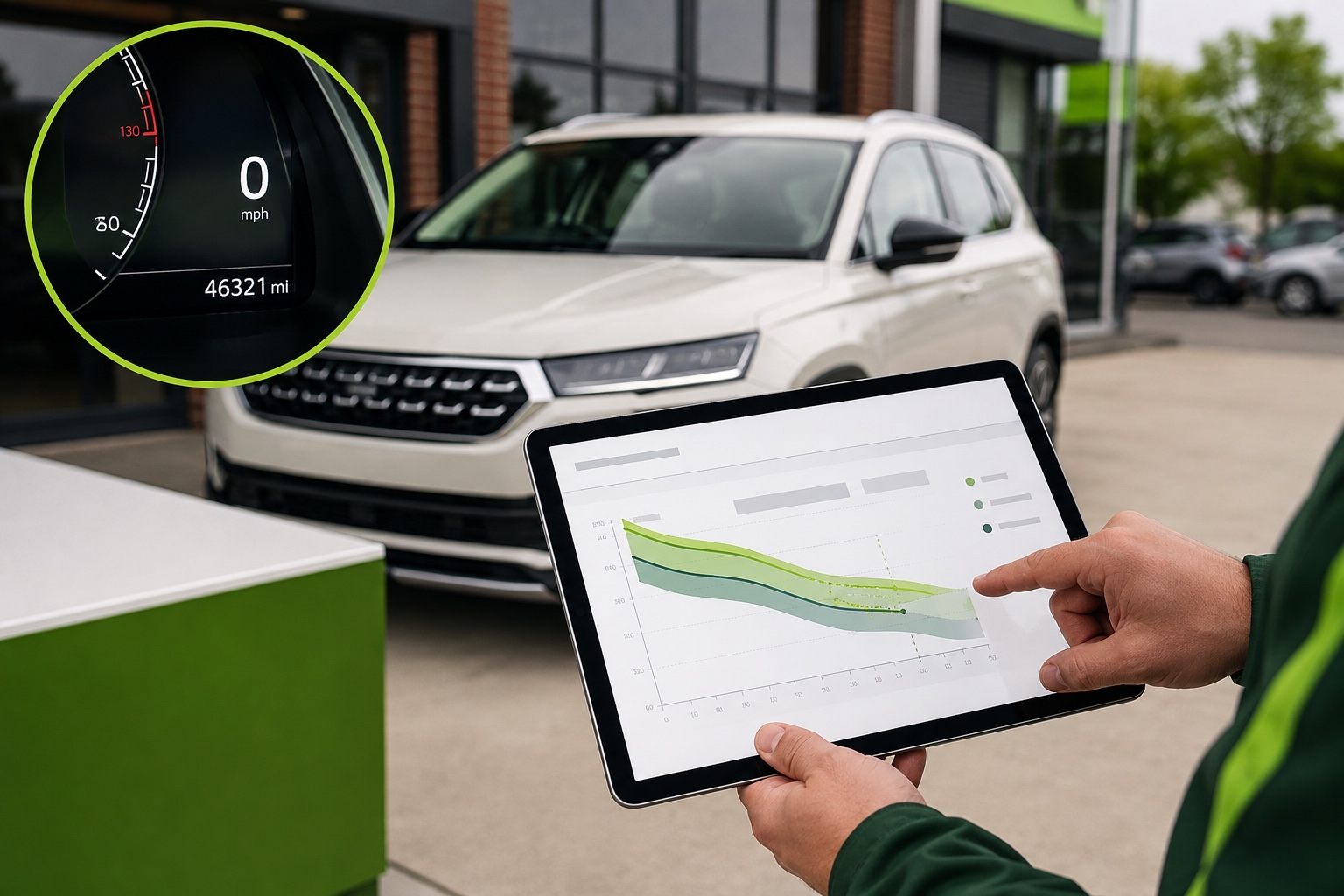 Three vehicle choices being compared with mileage and value evidence